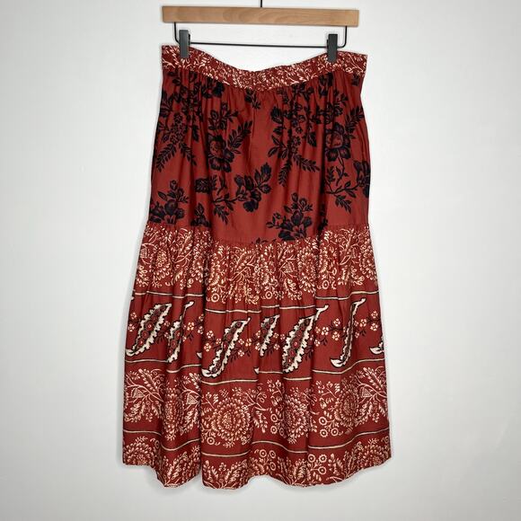 Sundance Midi Skirt Womens Large Rust Red Floral Boho Tiered Pockets Cotton - Picture 8 of 9